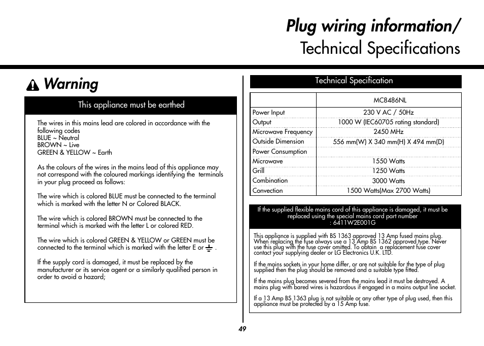 Plug wiring information/ technical specifications, Warning | LG MC8486NL User Manual | Page 49 / 52