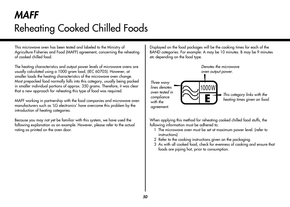 Maff reheating cooked chilled foods | LG MC8486NL User Manual | Page 50 / 52