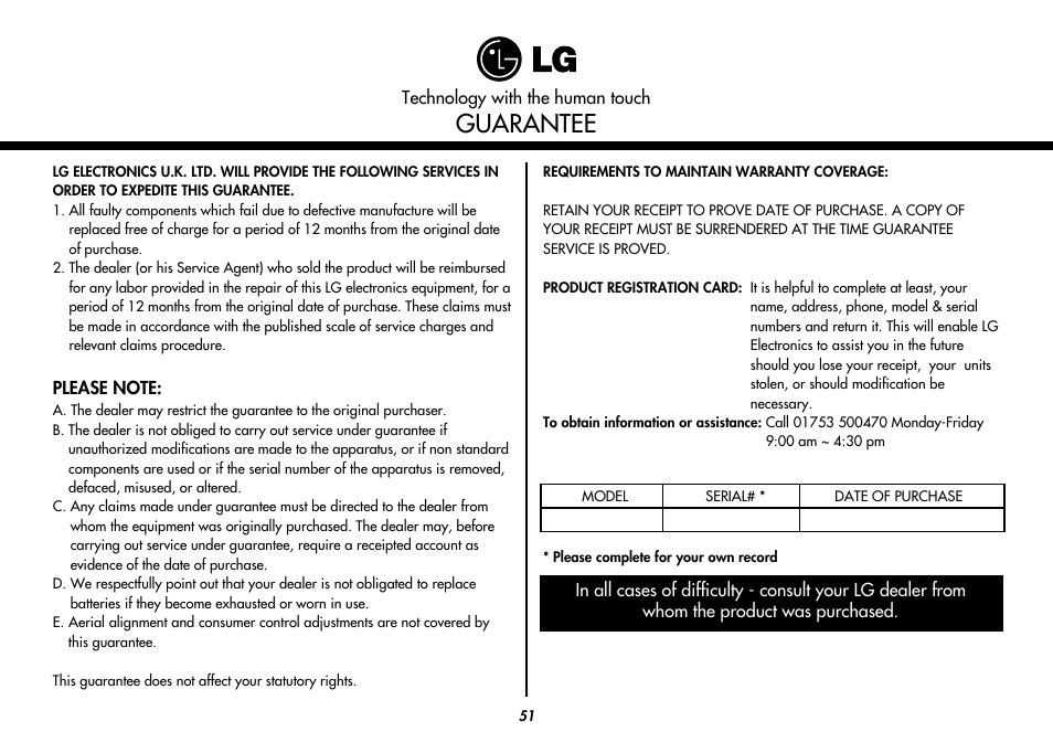 Guarantee | LG MC8486NL User Manual | Page 51 / 52