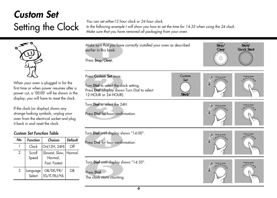 Custom set setting the clock | LG MC8486NL User Manual | Page 6 / 52