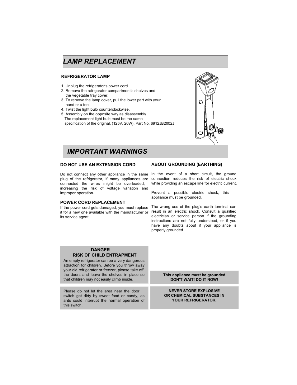 Important warnings, Lamp replacement | LG GR-382R User Manual | Page 11 / 14