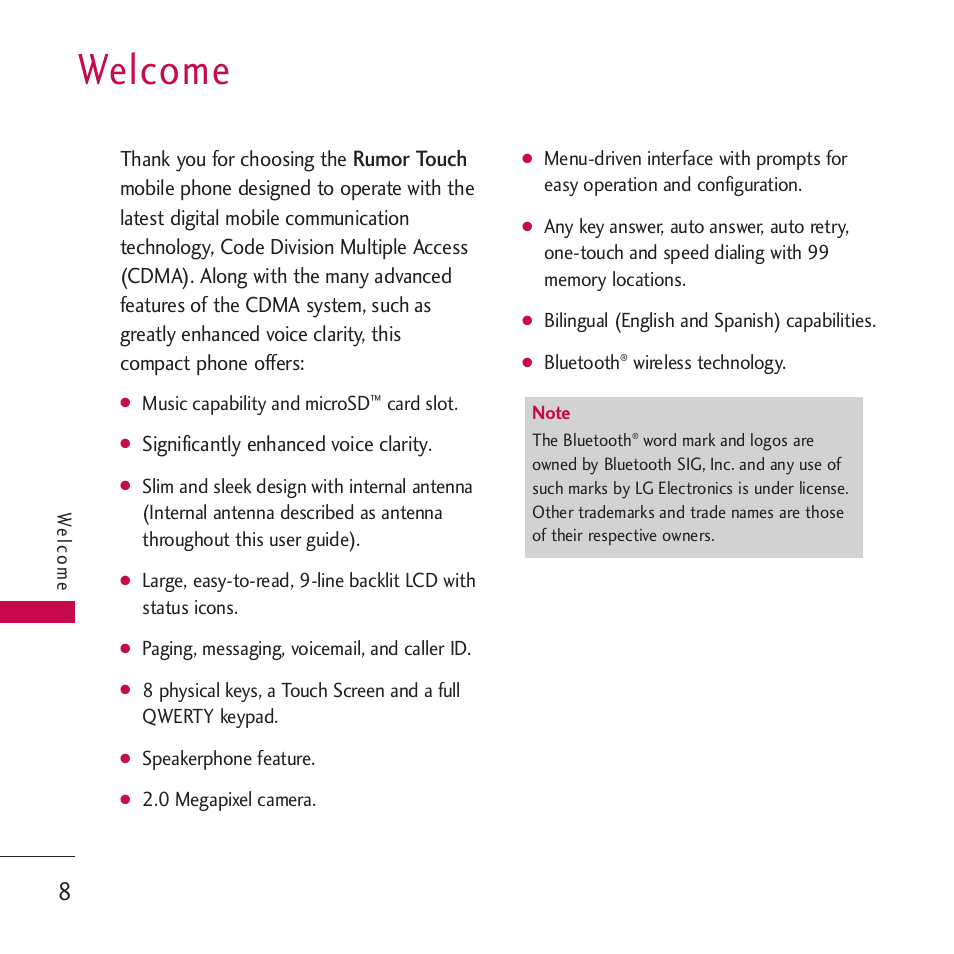 Welcome, Rumor touch, Significantly enhanced voice clarity | LG Rumor touch User Manual | Page 10 / 98