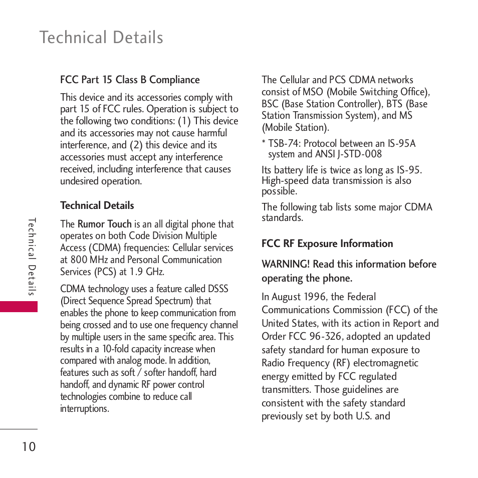 Fcc rf exposure information, Technical details | LG Rumor touch User Manual | Page 12 / 98