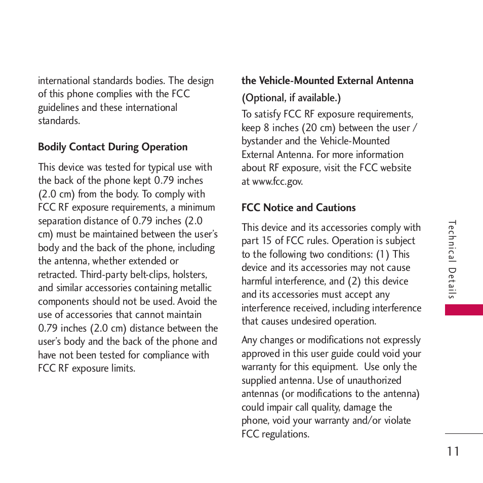 Bodily contact during operation, The vehicle-mounted external, Fcc notice and cautions | The vehicle-mounted external antenna | LG Rumor touch User Manual | Page 13 / 98