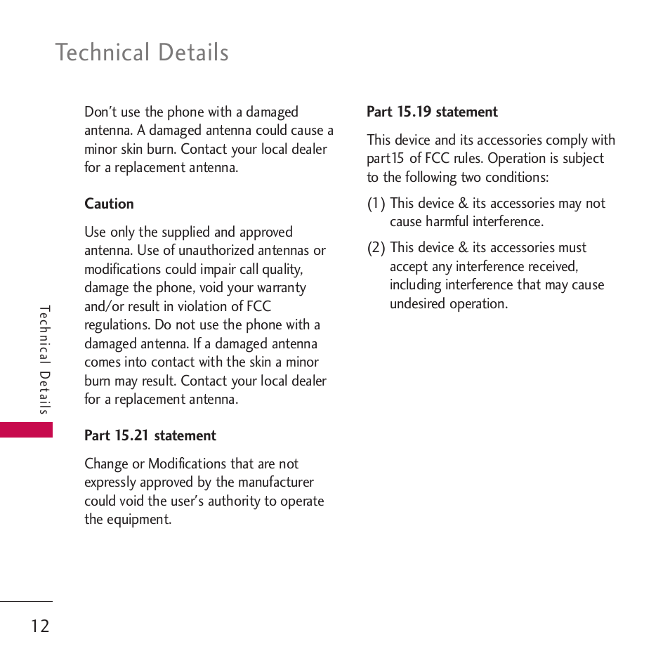 Caution, Part 15.21 statement, Part 15.19 statement | Technical details | LG Rumor touch User Manual | Page 14 / 98