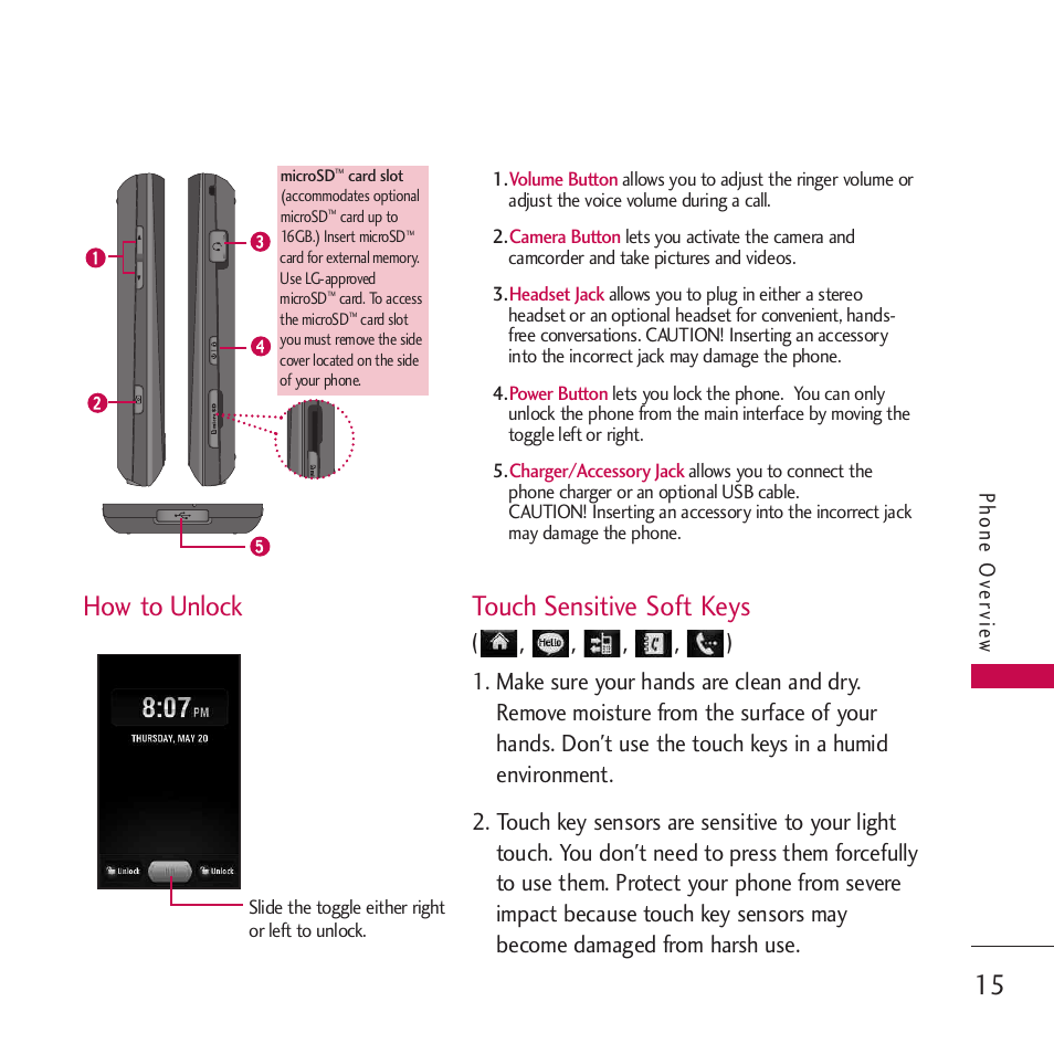 Touch sensitive soft keys, How to unlock, How to unlock touch sensitive soft keys | LG Rumor touch User Manual | Page 17 / 98