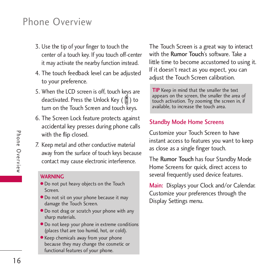 Phone overview | LG Rumor touch User Manual | Page 18 / 98