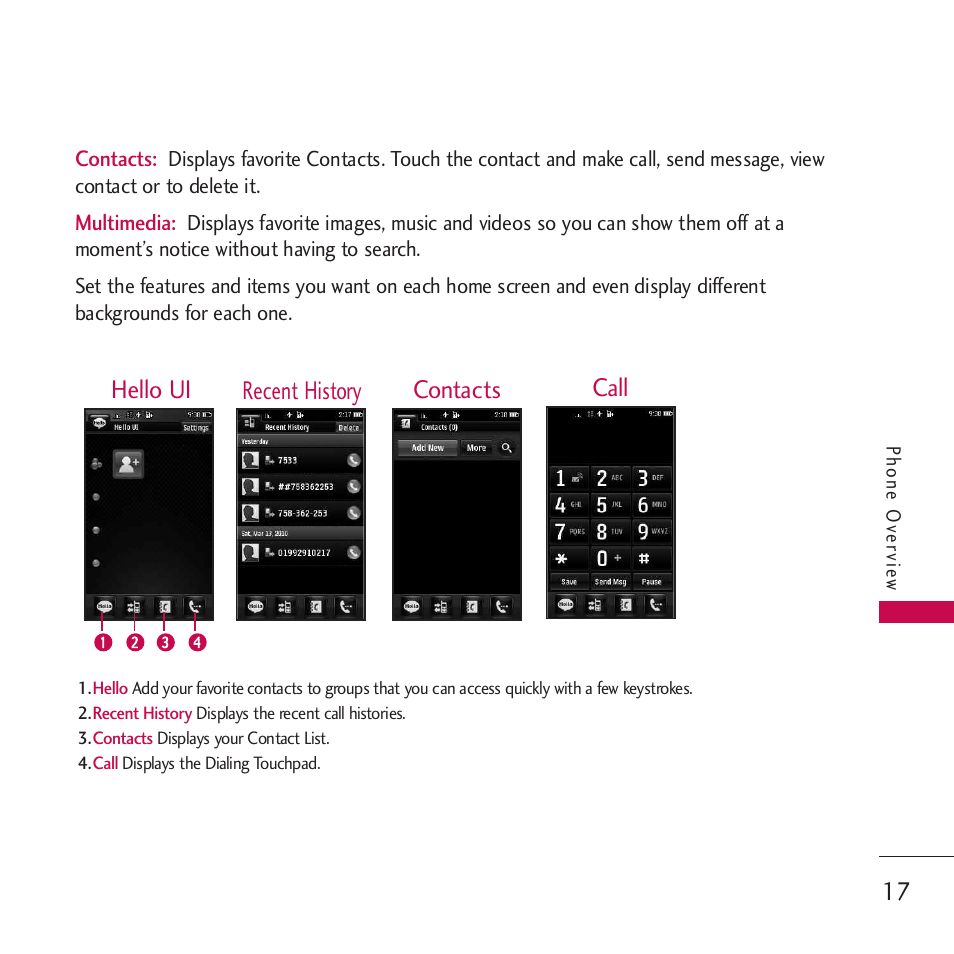 Call contacts hello ui recent history | LG Rumor touch User Manual | Page 19 / 98