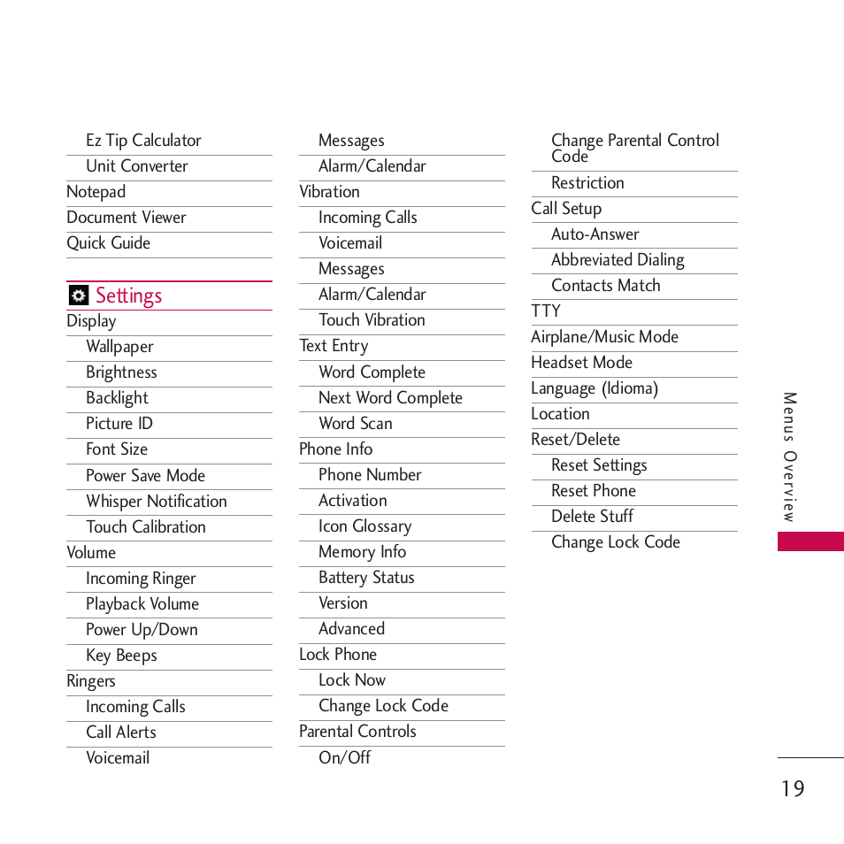 Settings | LG Rumor touch User Manual | Page 21 / 98