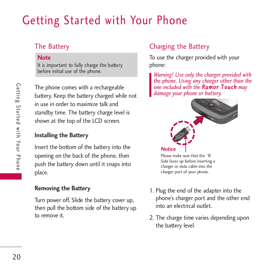 Getting started with your phone, The battery, Installing the battery | Removing the battery, Charging the battery, Getting started with your phone 20 | LG Rumor touch User Manual | Page 22 / 98