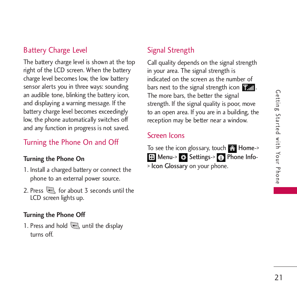 Battery charge level, Turning the phone on and off, Turning the phone on | Turning the phone off, Signal strength, Screen icons | LG Rumor touch User Manual | Page 23 / 98