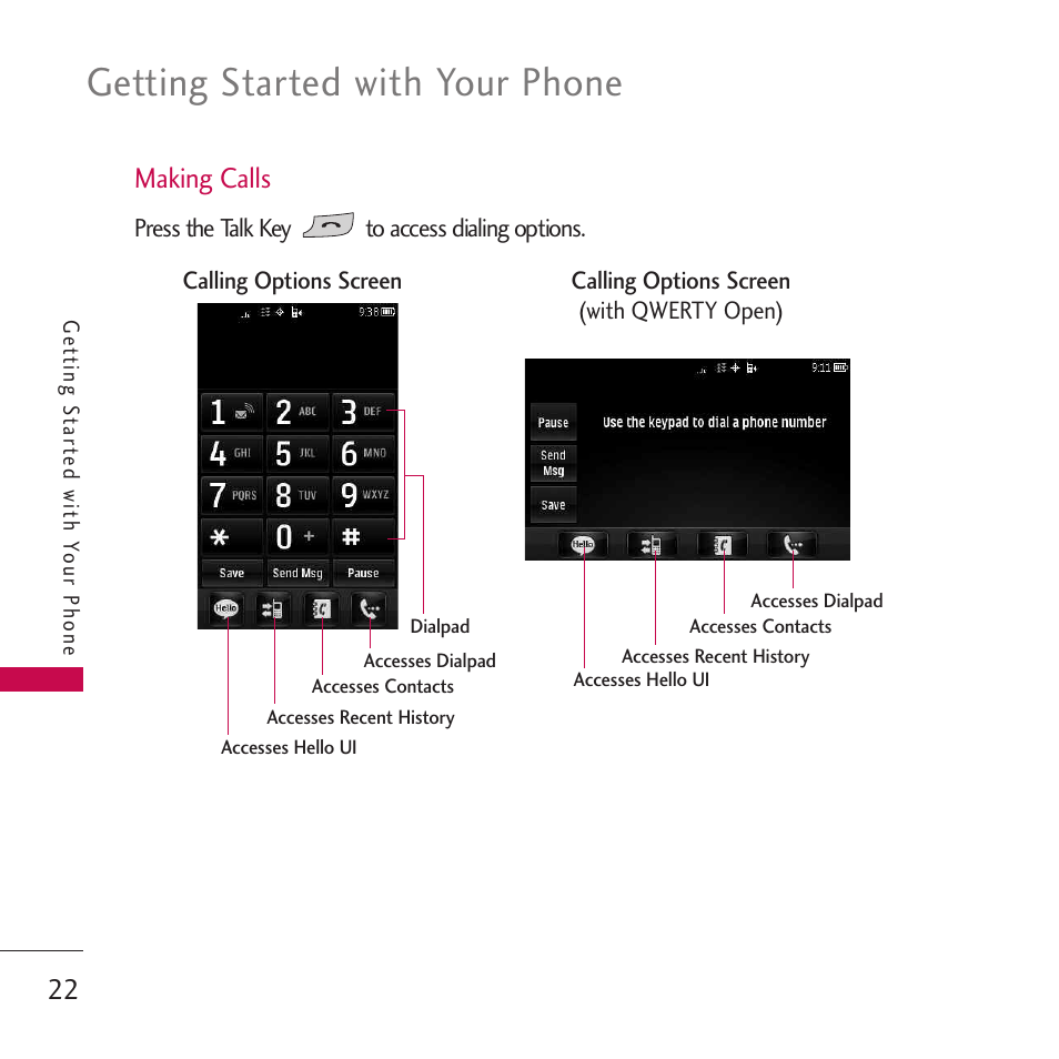 Making calls, Getting started with your phone, 22 making calls | LG Rumor touch User Manual | Page 24 / 98