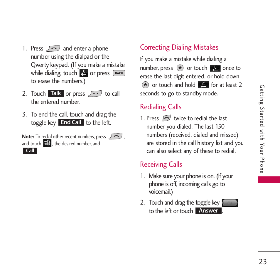 Correcting dialing mistakes, Redialing calls, Receiving calls | LG Rumor touch User Manual | Page 25 / 98