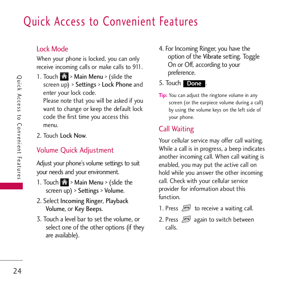 Lock mode, Volume quick adjustment, Call waiting | Quick access to convenient, Features, Quick access to convenient features | LG Rumor touch User Manual | Page 26 / 98