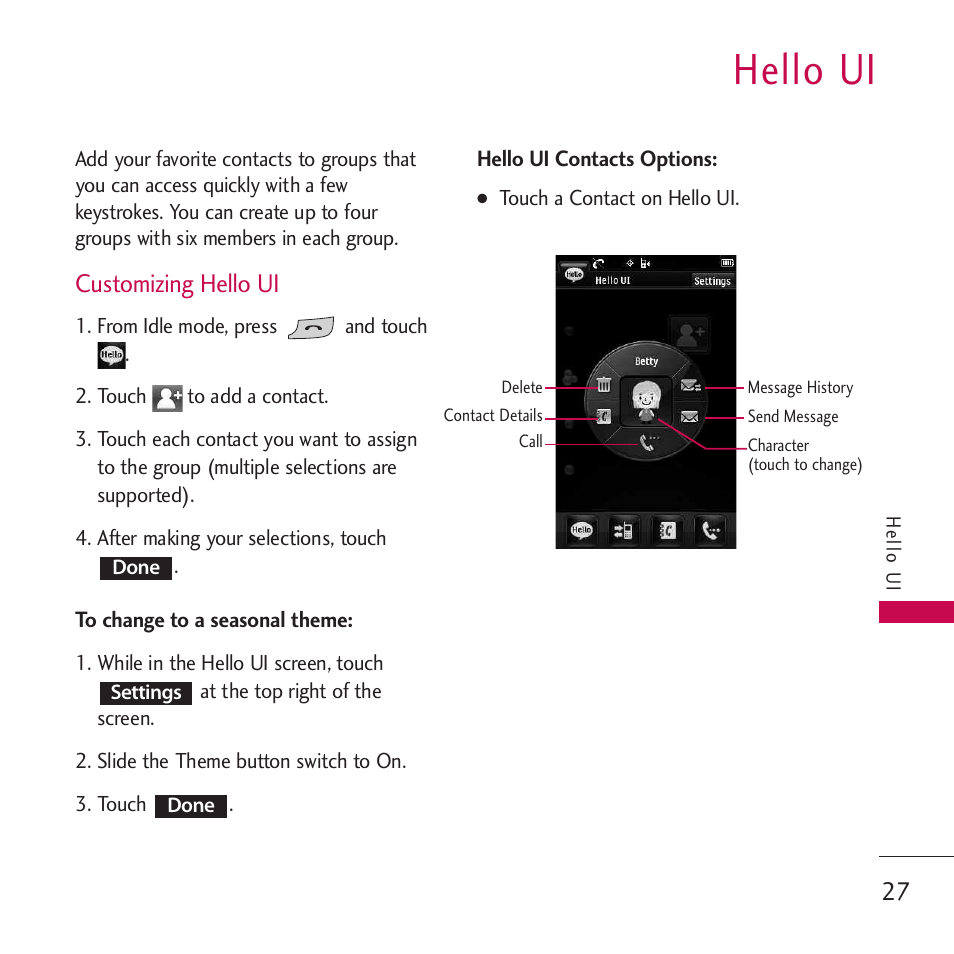 Contacts in your phone’s memory, The basics of storing contac, Contacts in your phone’s memory27 | The basics of storing contacts entries, Hello ui, Customizing hello ui | LG Rumor touch User Manual | Page 29 / 98