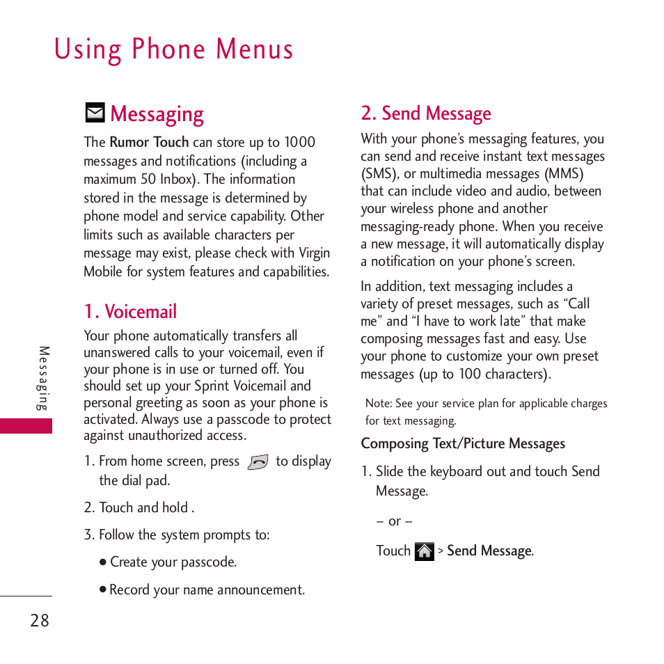 Using phone menus, Messaging, Voicemail | Send message | LG Rumor touch User Manual | Page 30 / 98