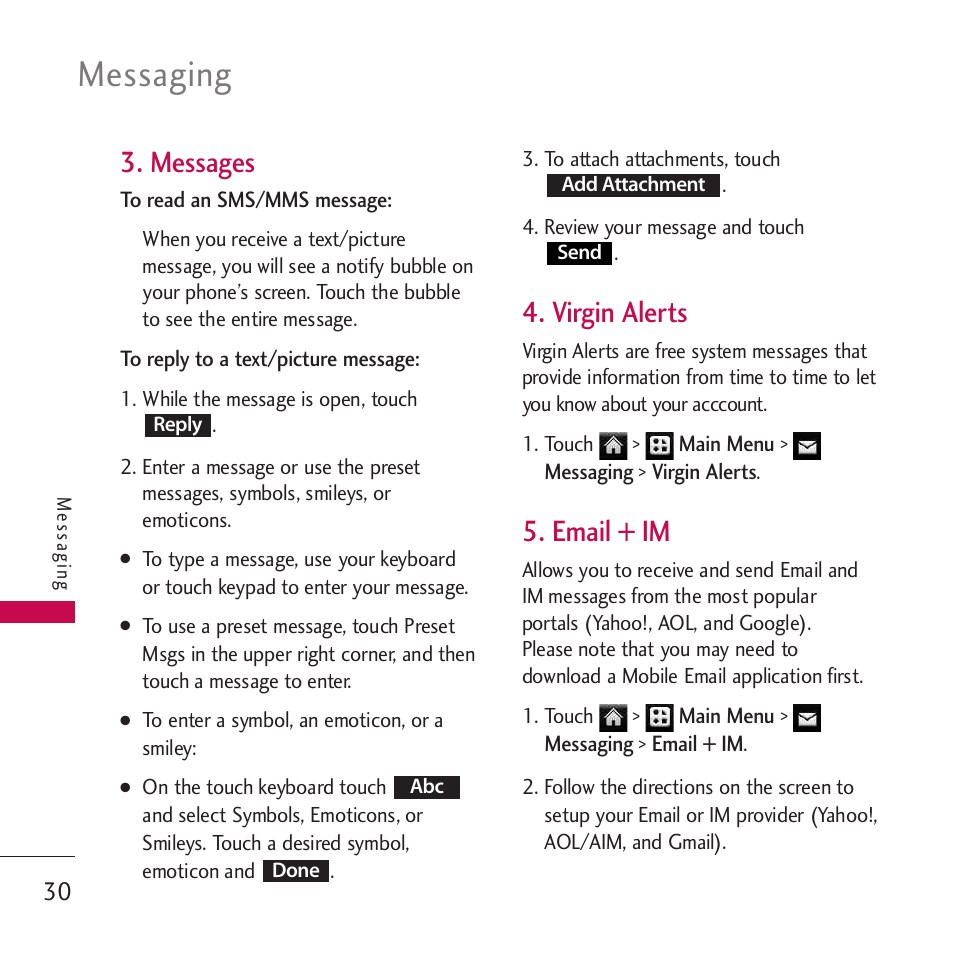 Messages, Virgin alerts, Email + im | Settin, Settings, Messaging | LG Rumor touch User Manual | Page 32 / 98