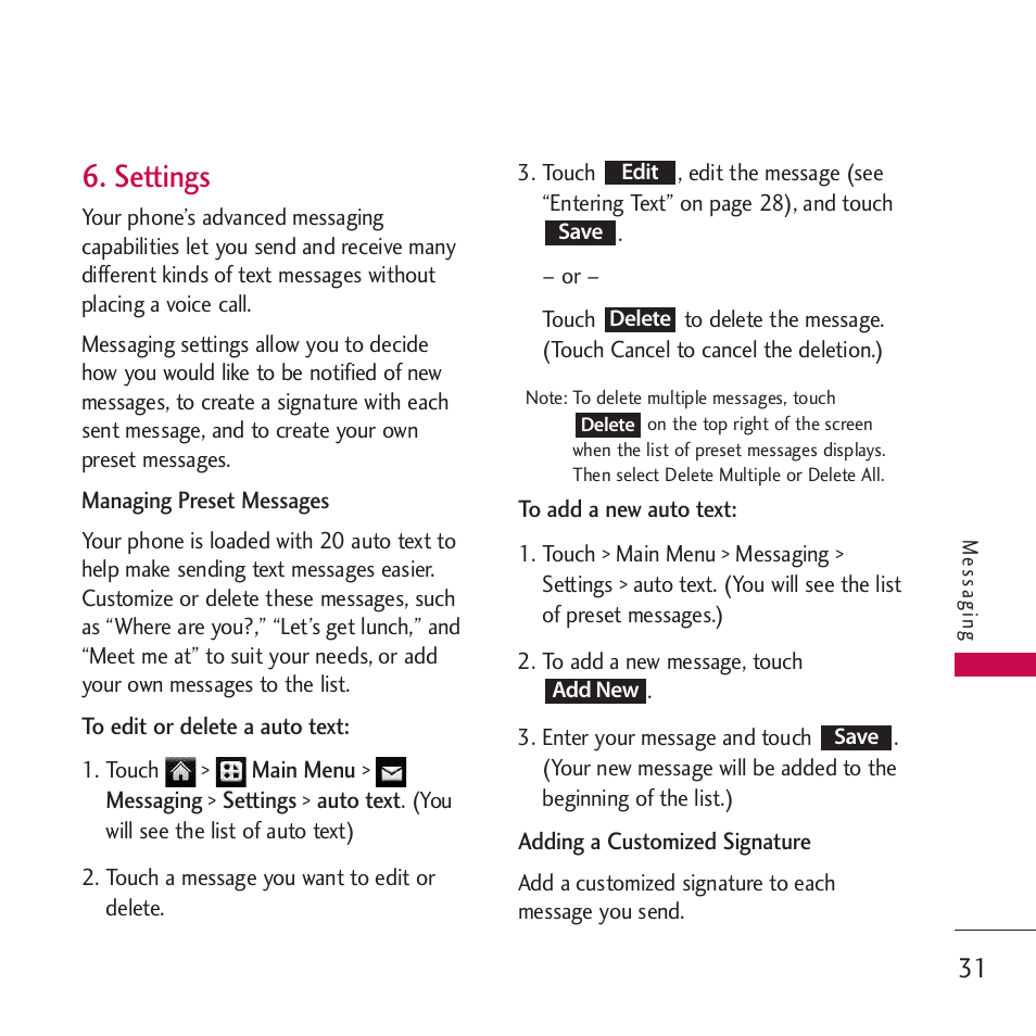 Settings | LG Rumor touch User Manual | Page 33 / 98