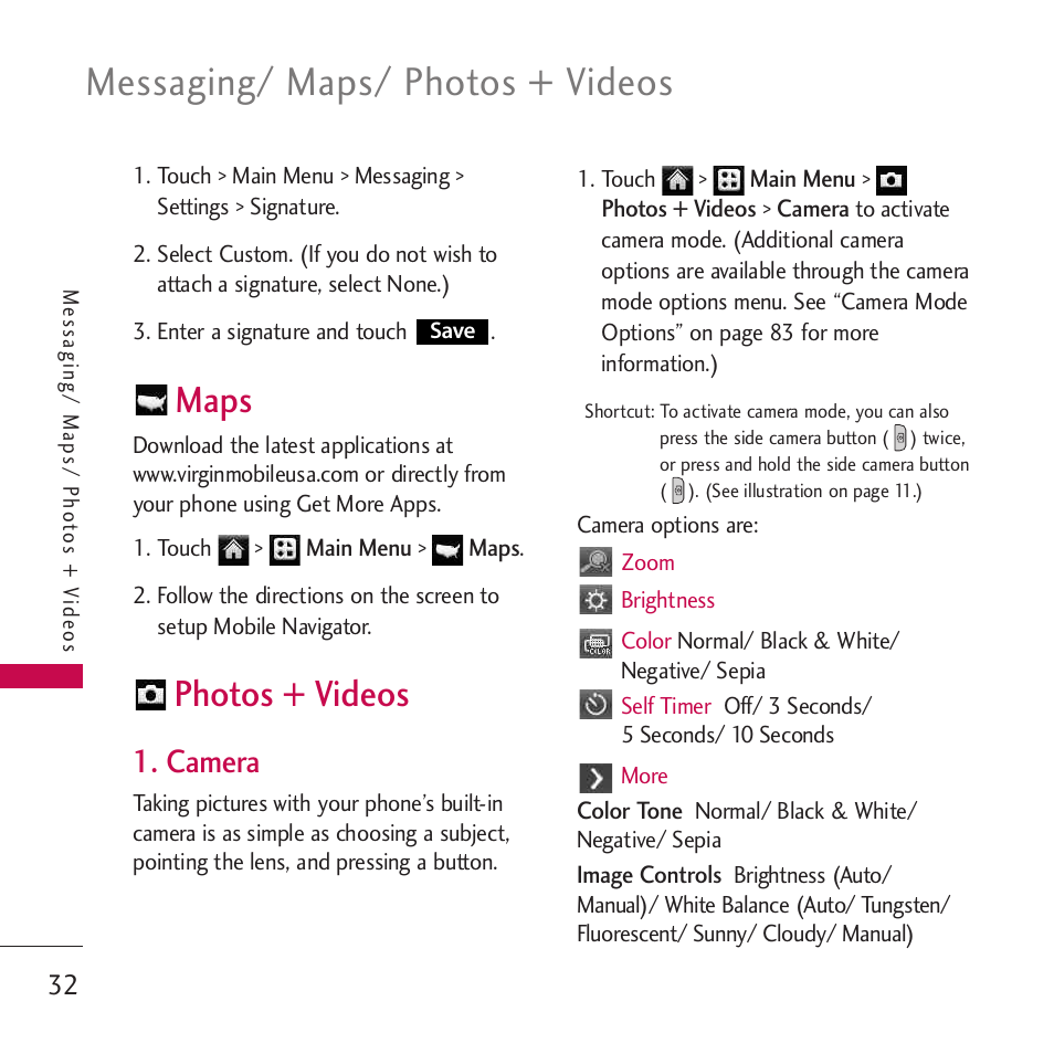 Photos + videos, Camera, Messaging/ maps/ photos + videos | Maps | LG Rumor touch User Manual | Page 34 / 98