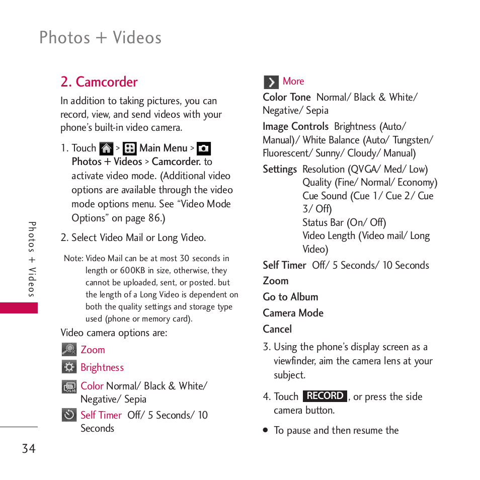 Camcorder, Photos + videos | LG Rumor touch User Manual | Page 36 / 98