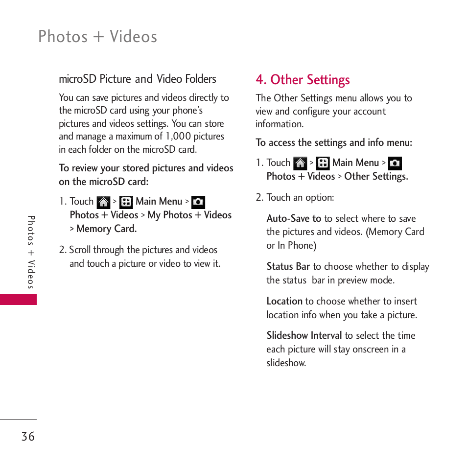 Other settings, Photos + videos | LG Rumor touch User Manual | Page 38 / 98