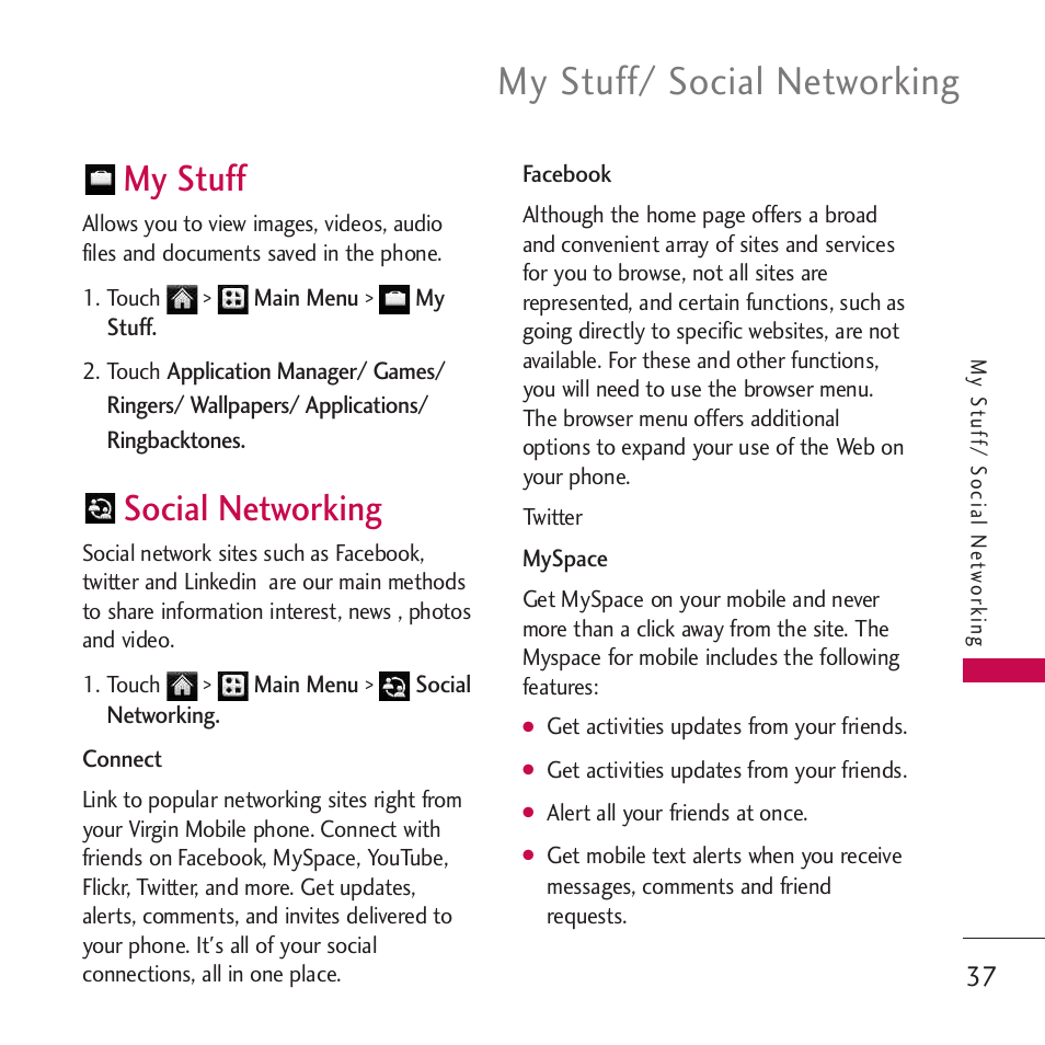 My stuff, Social networking, My stuff/ social networking | LG Rumor touch User Manual | Page 39 / 98