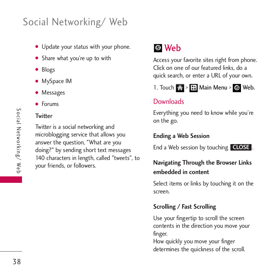 Downloads, Social networking/ web | LG Rumor touch User Manual | Page 40 / 98