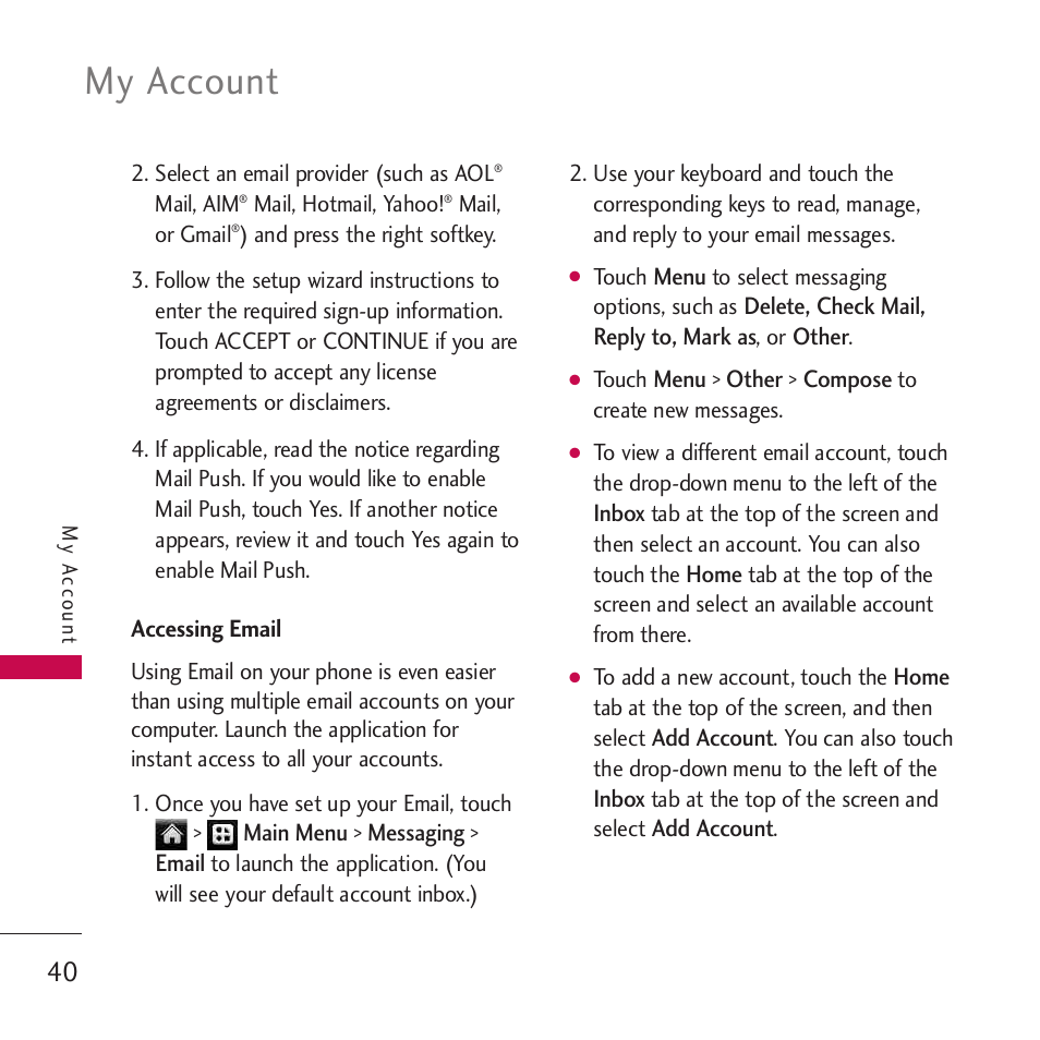 My account | LG Rumor touch User Manual | Page 42 / 98