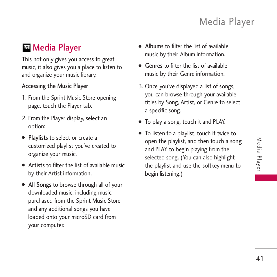 Media player | LG Rumor touch User Manual | Page 43 / 98