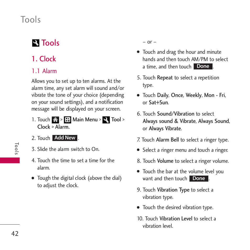 Tools, Clock, 1 alarm | LG Rumor touch User Manual | Page 44 / 98