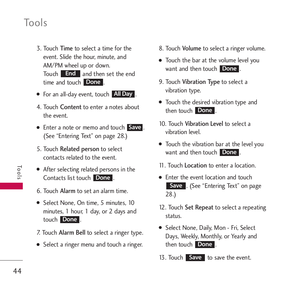 Tools | LG Rumor touch User Manual | Page 46 / 98