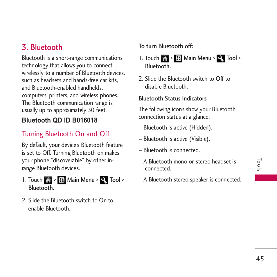 Bluetooth, Turning bluetooth on and off | LG Rumor touch User Manual | Page 47 / 98