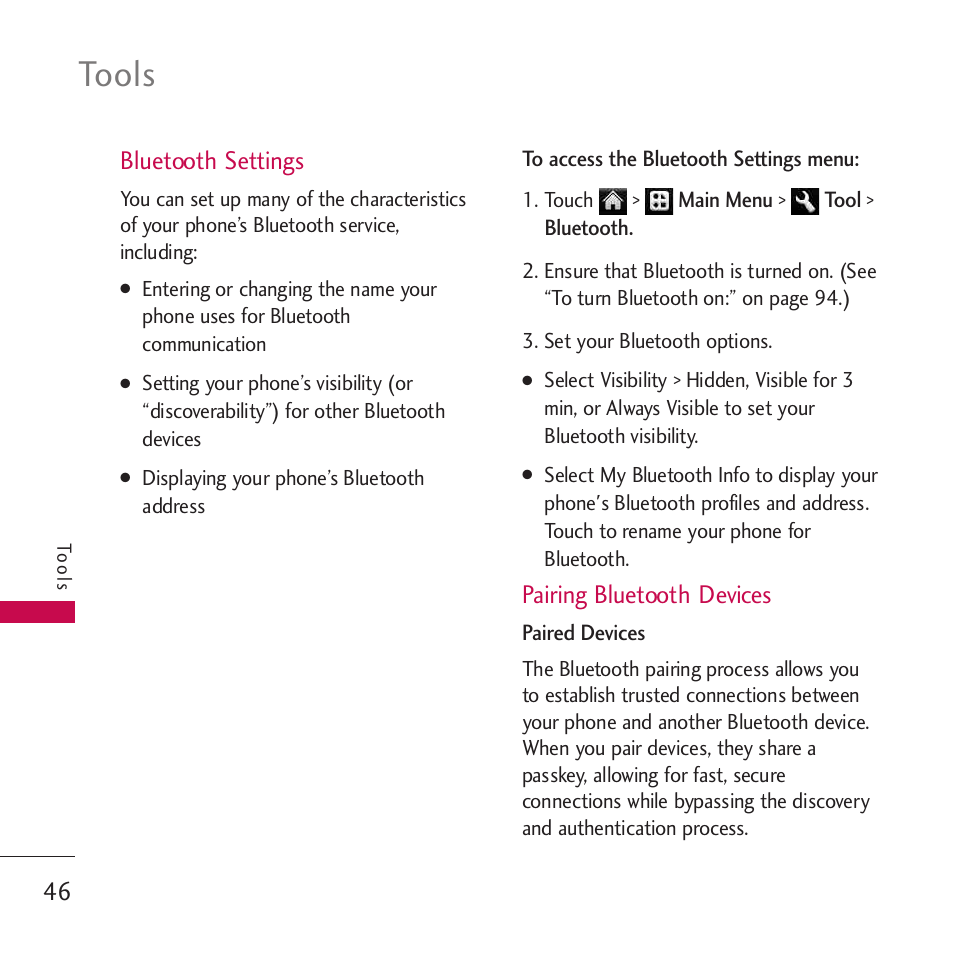 Bluetooth settings, Pairing bluetooth devices, Tools | LG Rumor touch User Manual | Page 48 / 98