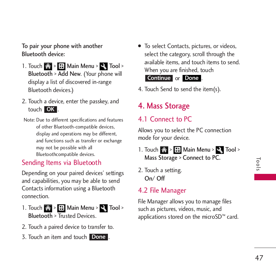 Sending items via bluetooth, Mass storage, 1 connect to pc | 2 file manager | LG Rumor touch User Manual | Page 49 / 98