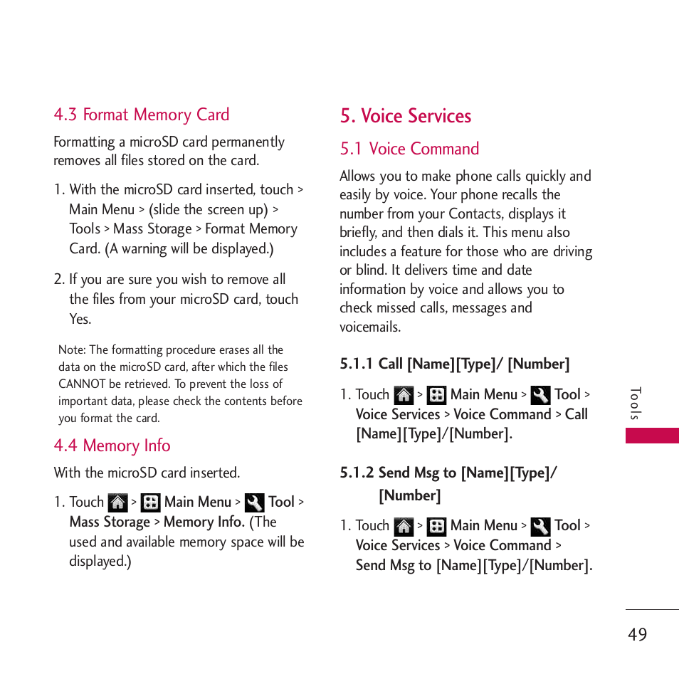 3 format memory card, 4 memory info, Voice services | 1 voice command, 1 call [name][type]/ [n, 2 send msg to [name][ty, 1 call [name][type]/ [number, 2 send msg to [name][type]/ [number] 49 | LG Rumor touch User Manual | Page 51 / 98