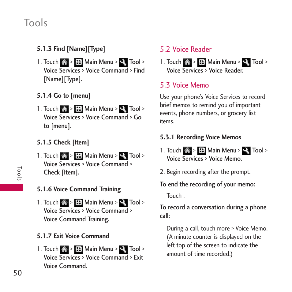 3 find [name][type, 4 go to [menu, 5 check [item | 6 voice command training, 7 exit voice command, 2 voice reader, 3 voice memo, Tools | LG Rumor touch User Manual | Page 52 / 98