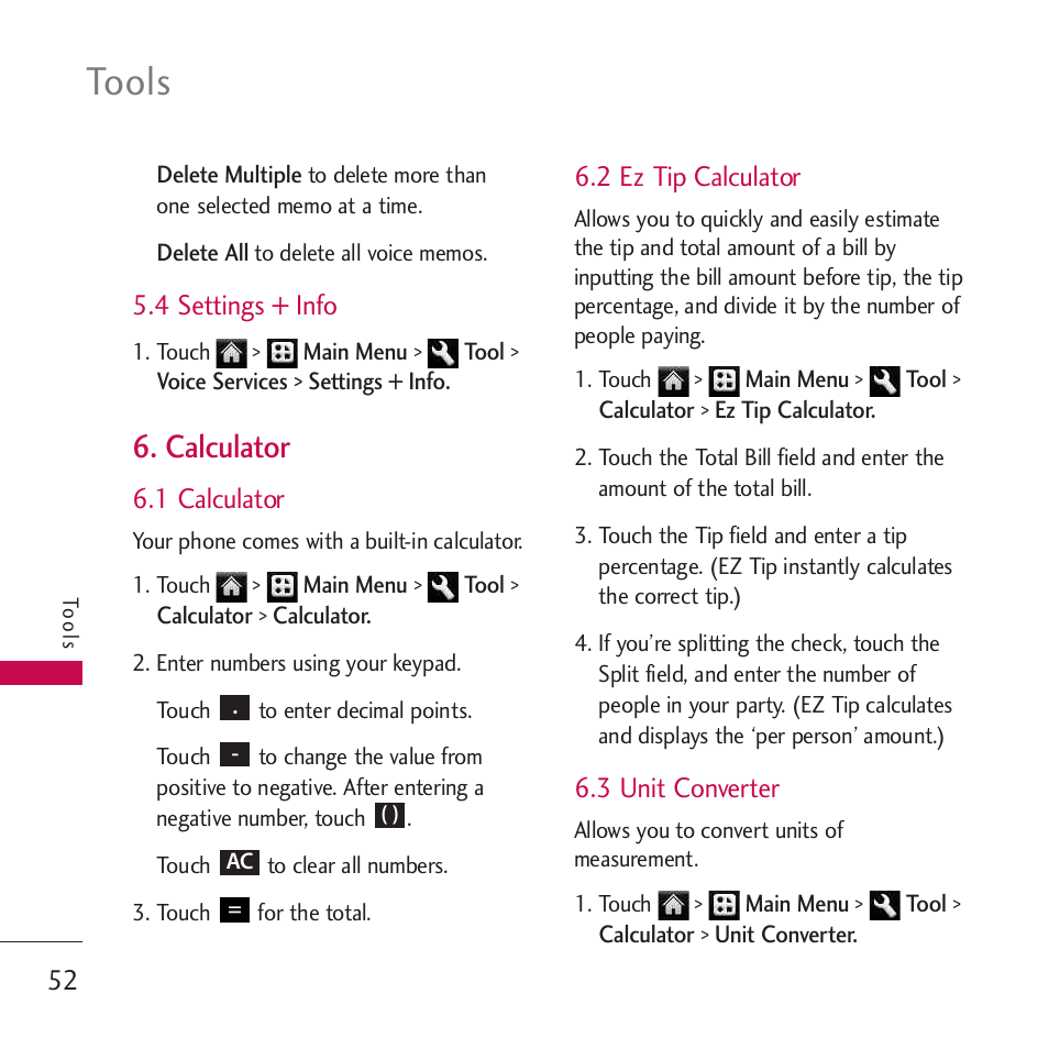 4 settings + info, Calculator, 1 calculator | 2 ez tip calculator, 3 unit converter, Tools | LG Rumor touch User Manual | Page 54 / 98