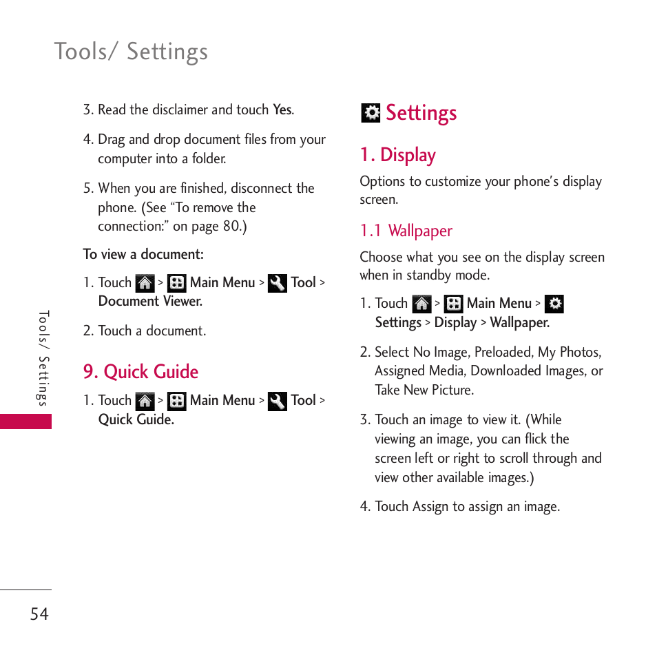 Quick guide, Settings, Display | 1 wallpaper, Tools/ settings | LG Rumor touch User Manual | Page 56 / 98