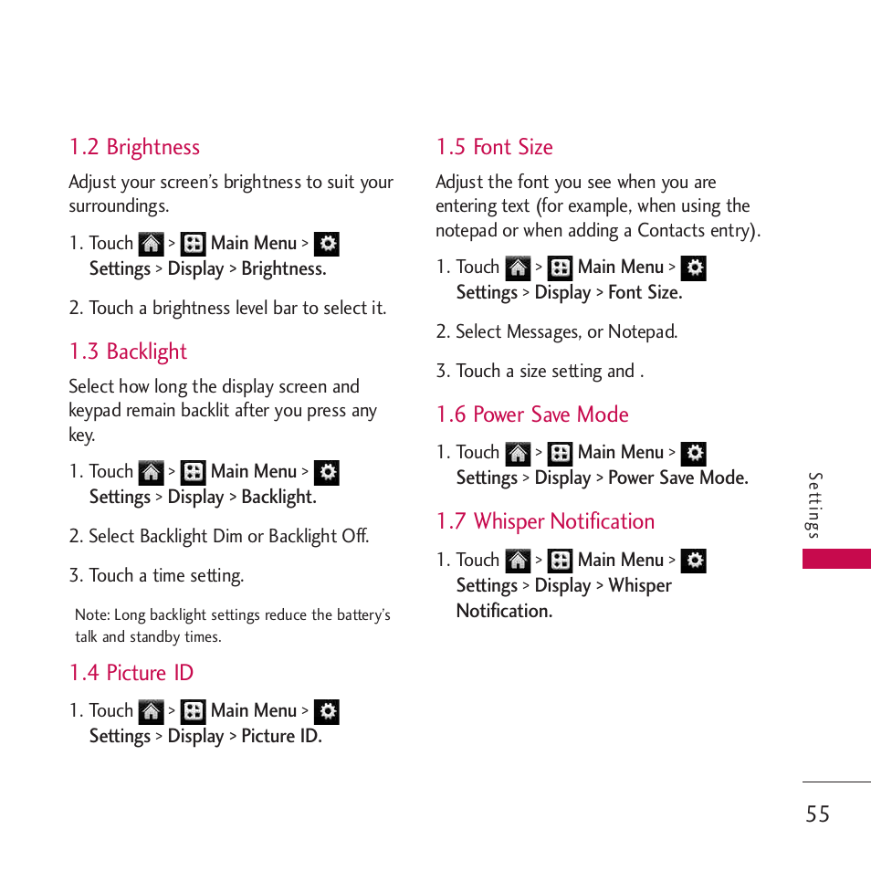 2 brightness, 3 backlight, 4 picture id | 5 font size, 6 power save mode, 7 whisper notification | LG Rumor touch User Manual | Page 57 / 98