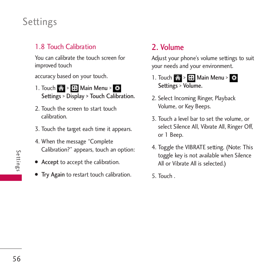 8 touch calibration, Volume, Settings | LG Rumor touch User Manual | Page 58 / 98