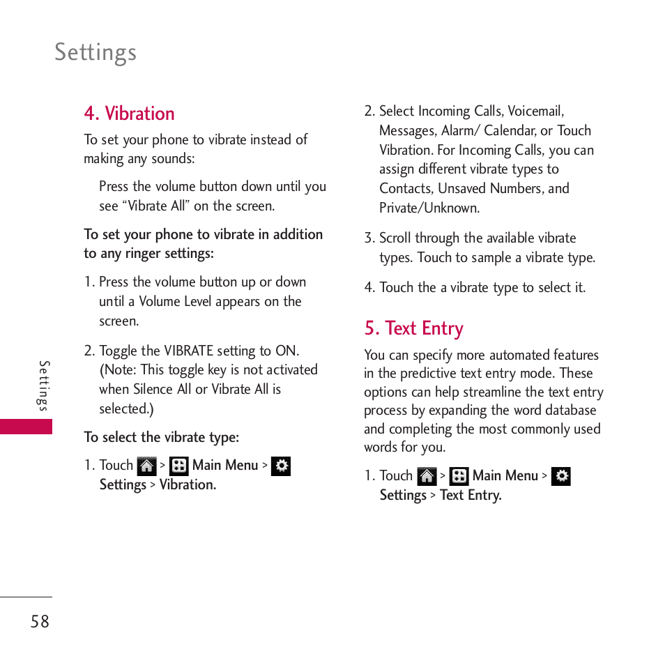 Vibration, Text entry, Settings | LG Rumor touch User Manual | Page 60 / 98