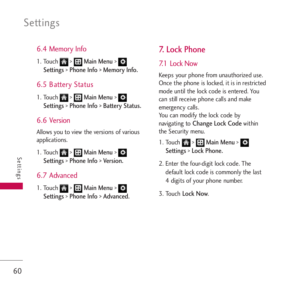 4 memory info, 5 battery status, 6 version | 7 advanced, Lock phone, 1 lock now, 2 change lock code, Settings | LG Rumor touch User Manual | Page 62 / 98