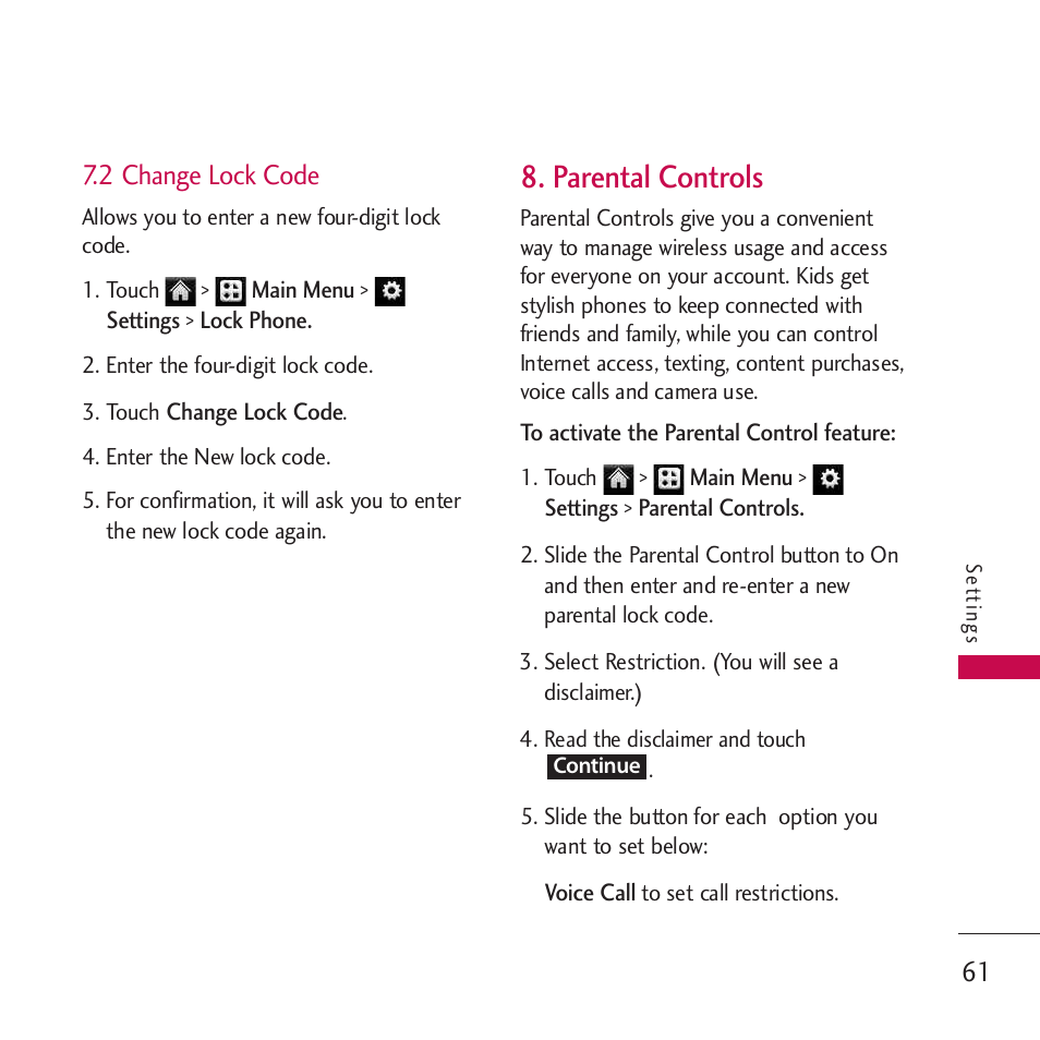 Parental controls, 2 change lock code | LG Rumor touch User Manual | Page 63 / 98