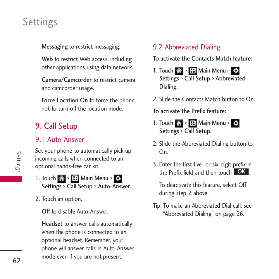 Call setup, 1 auto-answer, 2 abbreviated dialing | Settings | LG Rumor touch User Manual | Page 64 / 98