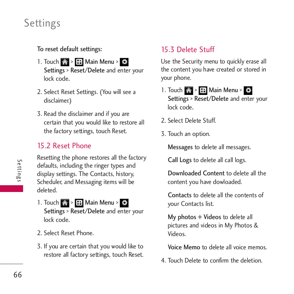 2 reset phone, 3 delete stuff, Settings | LG Rumor touch User Manual | Page 68 / 98