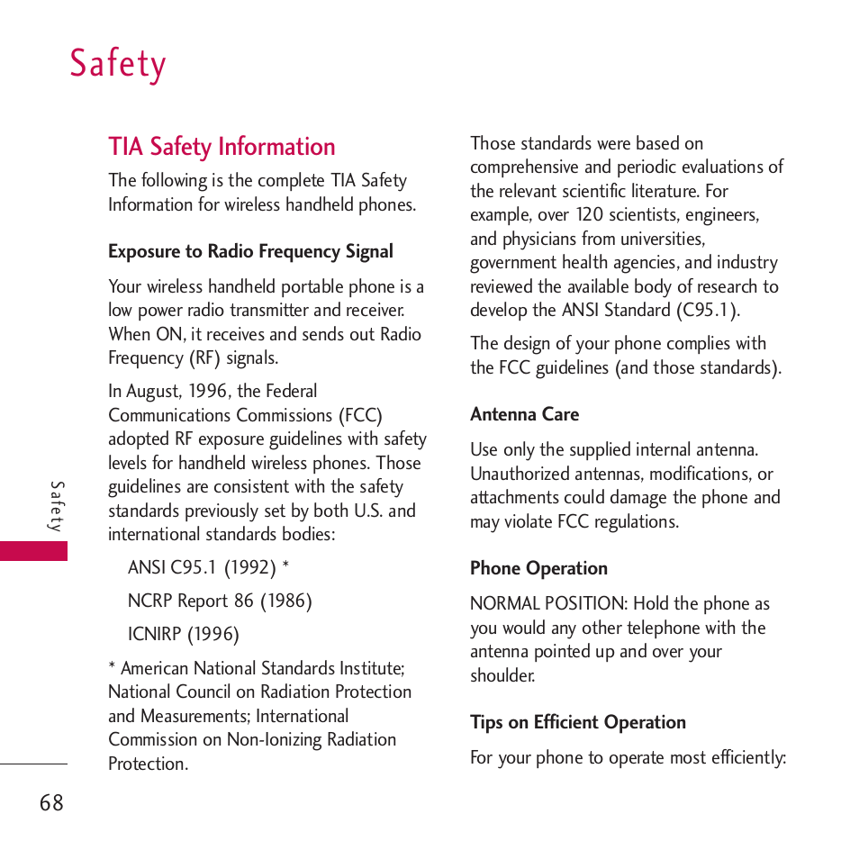 Safety, Tia safety information, Exposure to radio frequency | Antenna care, Phone operation, Tips on efficient operation, Exposure to radio frequency signal | LG Rumor touch User Manual | Page 70 / 98