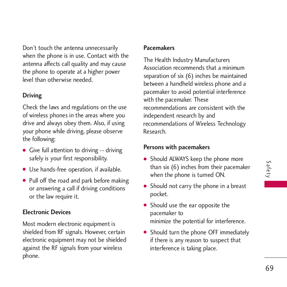 Driving, Electronic devices, Pacemakers | Persons with pacemakers | LG Rumor touch User Manual | Page 71 / 98