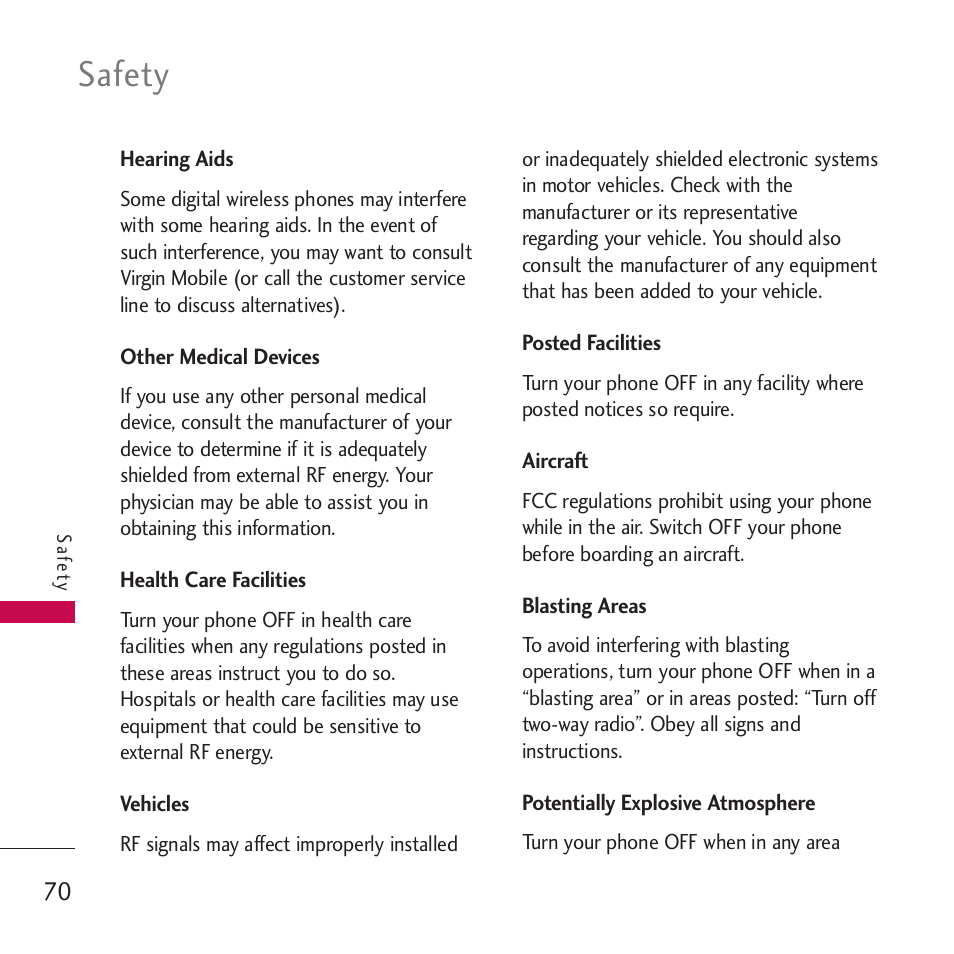 Hearing aids, Other medical devices, Health care facilities | Vehicles, Posted facilities, Aircraft, Blasting areas, Potentially explosive atmosp, Potentially explosive atmosphere, Safety | LG Rumor touch User Manual | Page 72 / 98