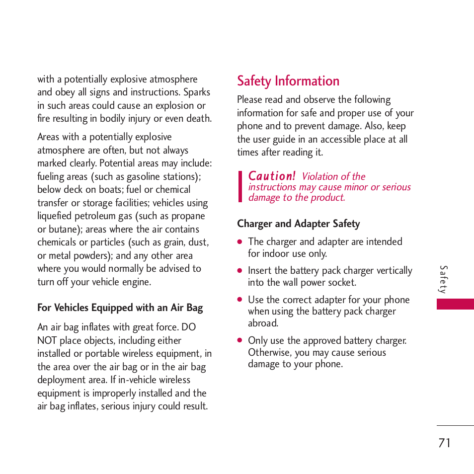 For vehicles equipped with a, Safety information, Charger and adapter safety | For vehicles equipped with an air bag, Ccaauuttiioonn | LG Rumor touch User Manual | Page 73 / 98