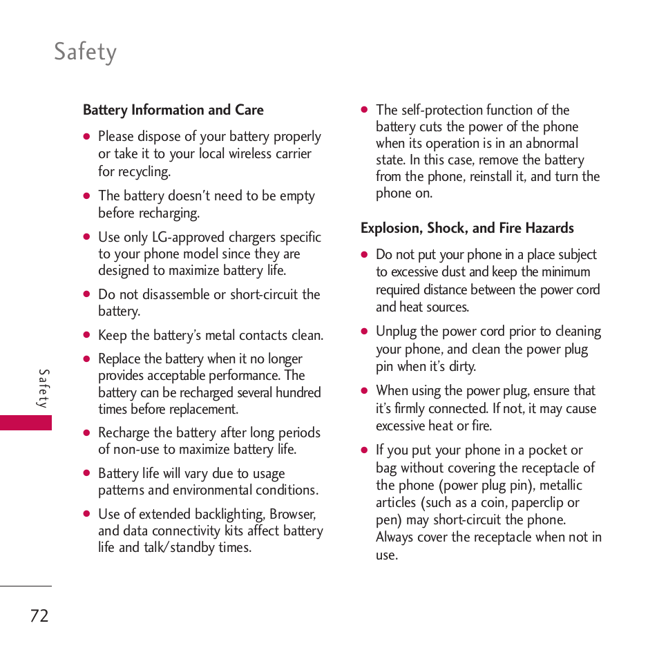 Battery information and care, Explosion, shock, and fire h, Explosion, shock, and fire hazards | Safety | LG Rumor touch User Manual | Page 74 / 98